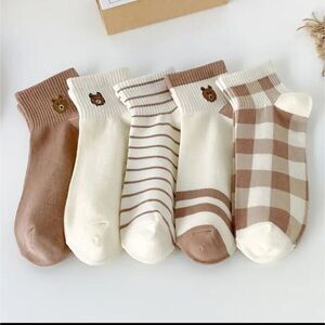 Teddy Bear Ankle Socks, Comfy stipe checkered hosiery